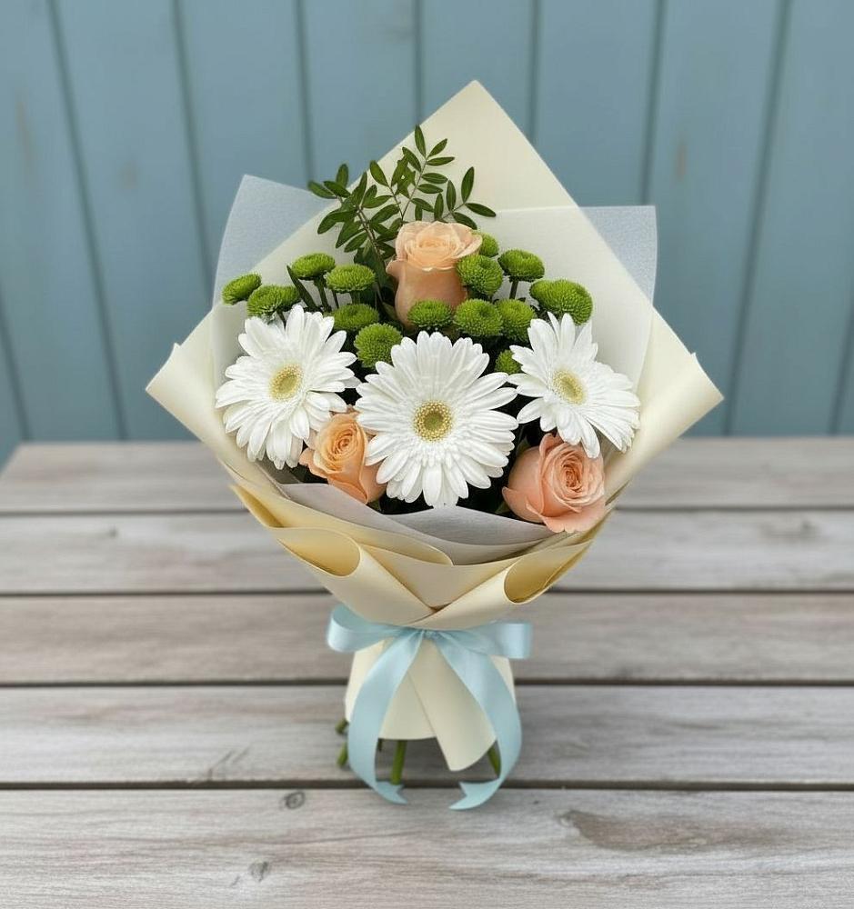 Букет герберы и розы в Чое Букет цветов из: Герберы, Розы и Хризантемы в Чое