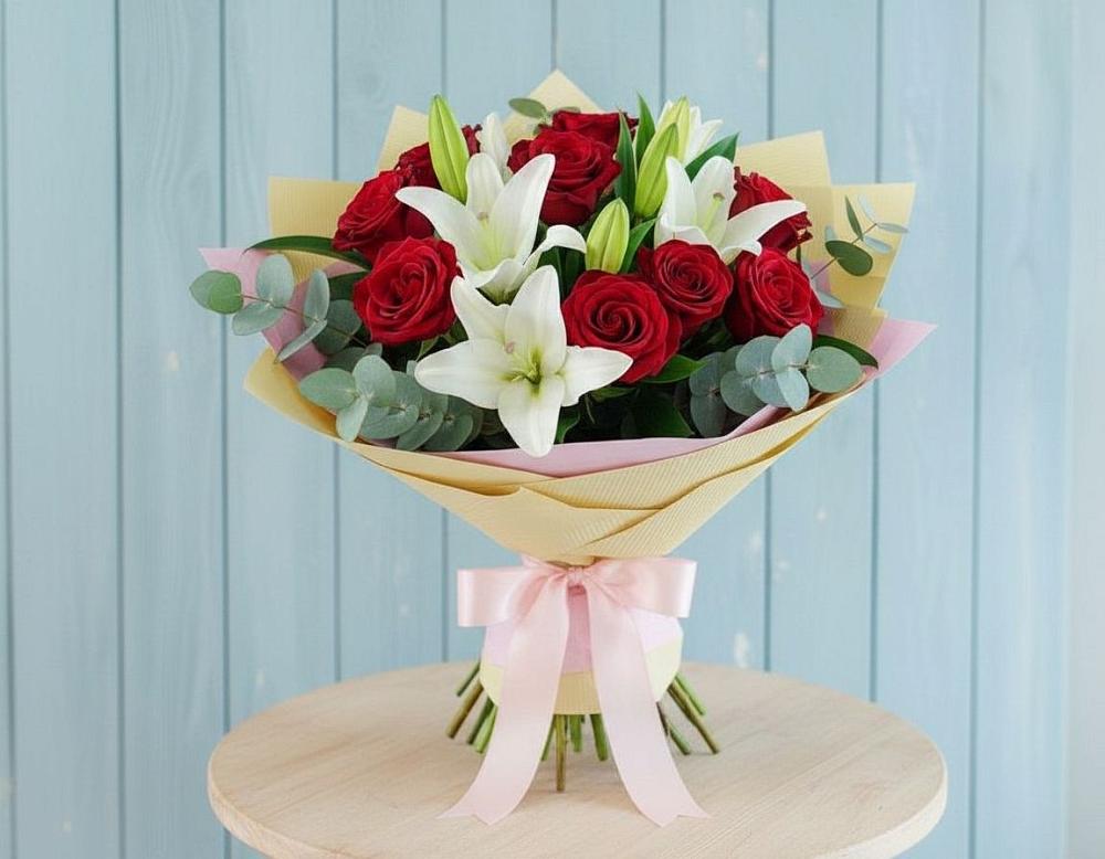 Букет Элегантная гармония в Чое Букет цветов из: Лилии и Розы в Чое